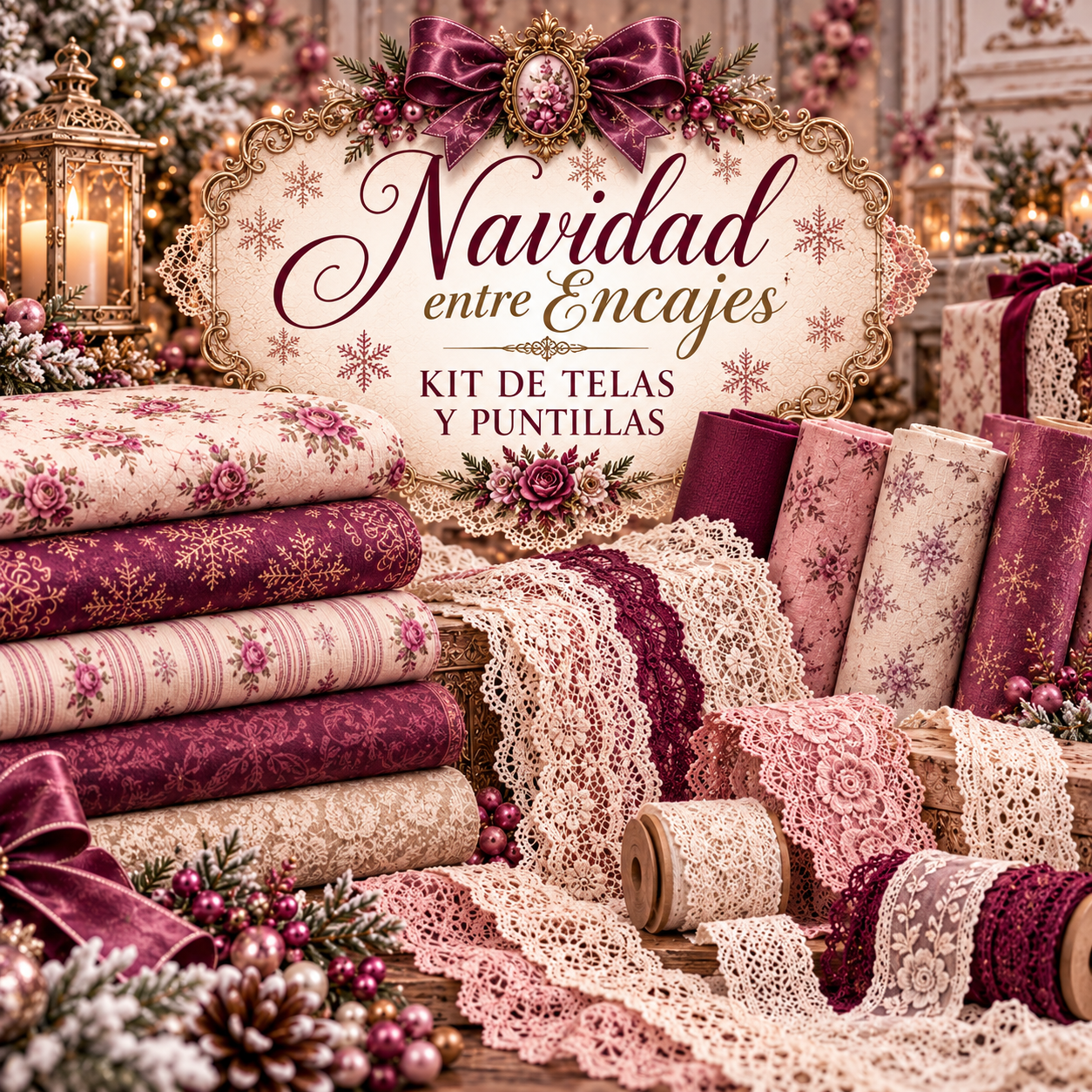 kit de telas y puntillas Navidad entre encajes
